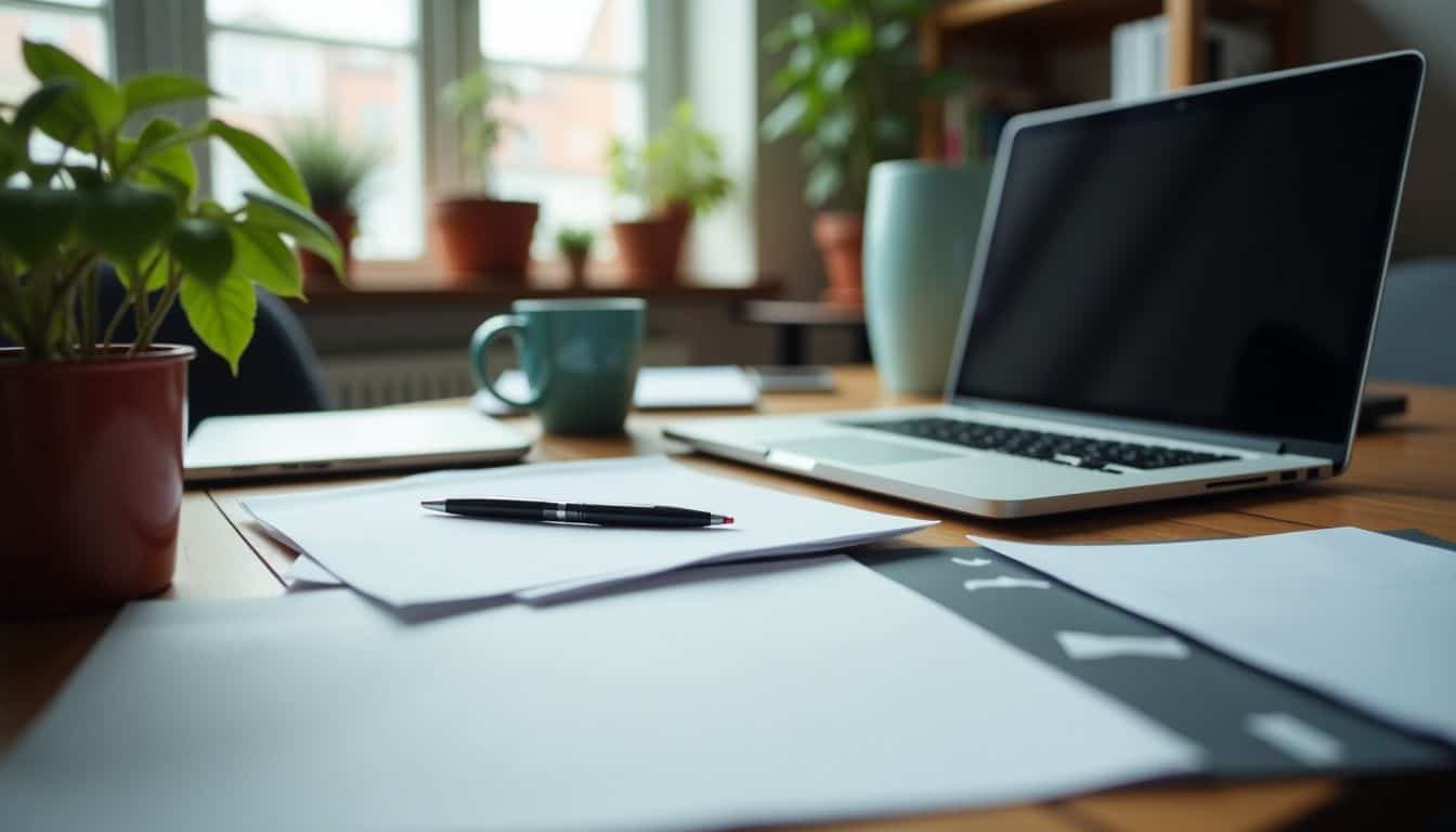 A cluttered office desk with a laptop, paperwork, coffee mug, and plant.