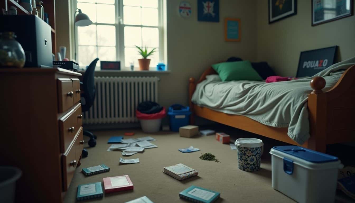 A cluttered college dorm room with traces of cannabis use.