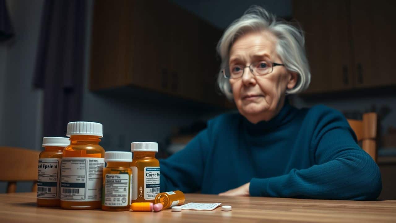 An older woman sits at a kitchen table with prescription and cannabis bottles, expressing concern about health risks.