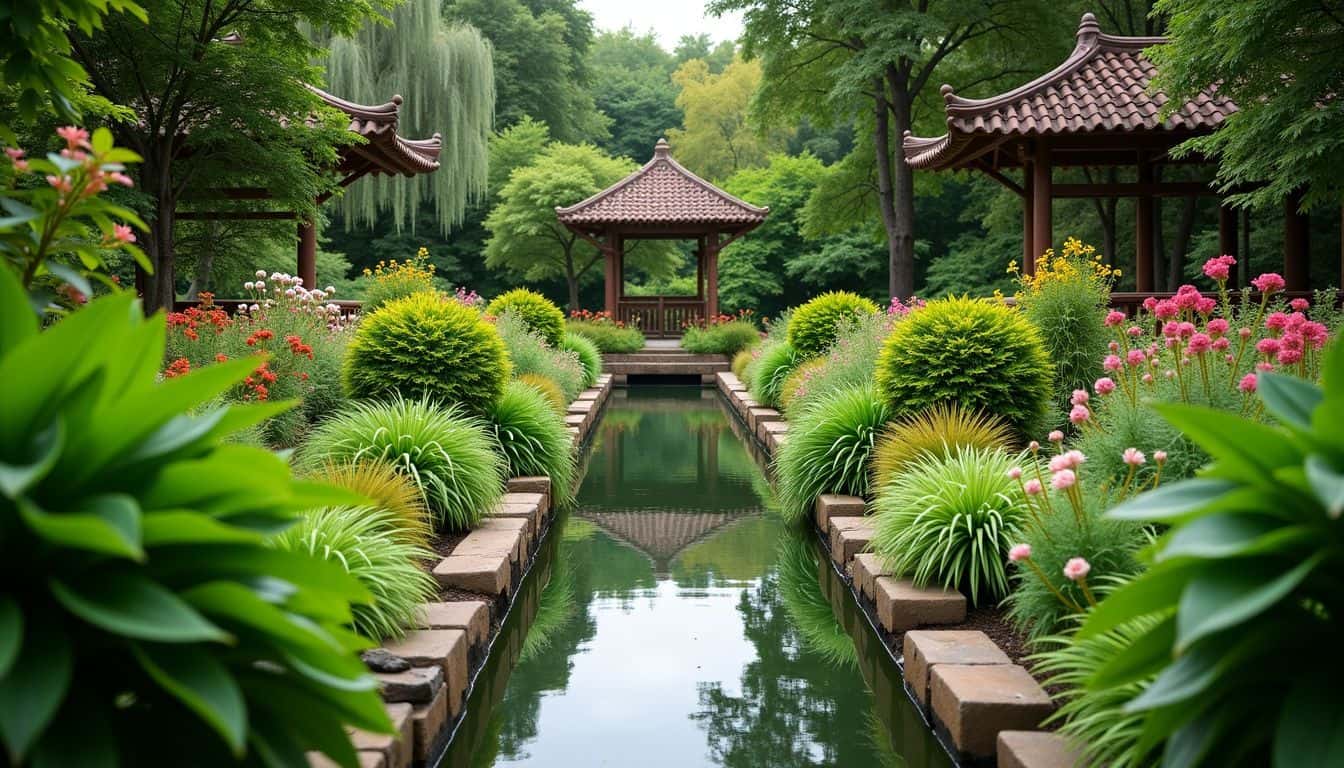 A serene botanical garden with colorful plants and a peaceful pond.