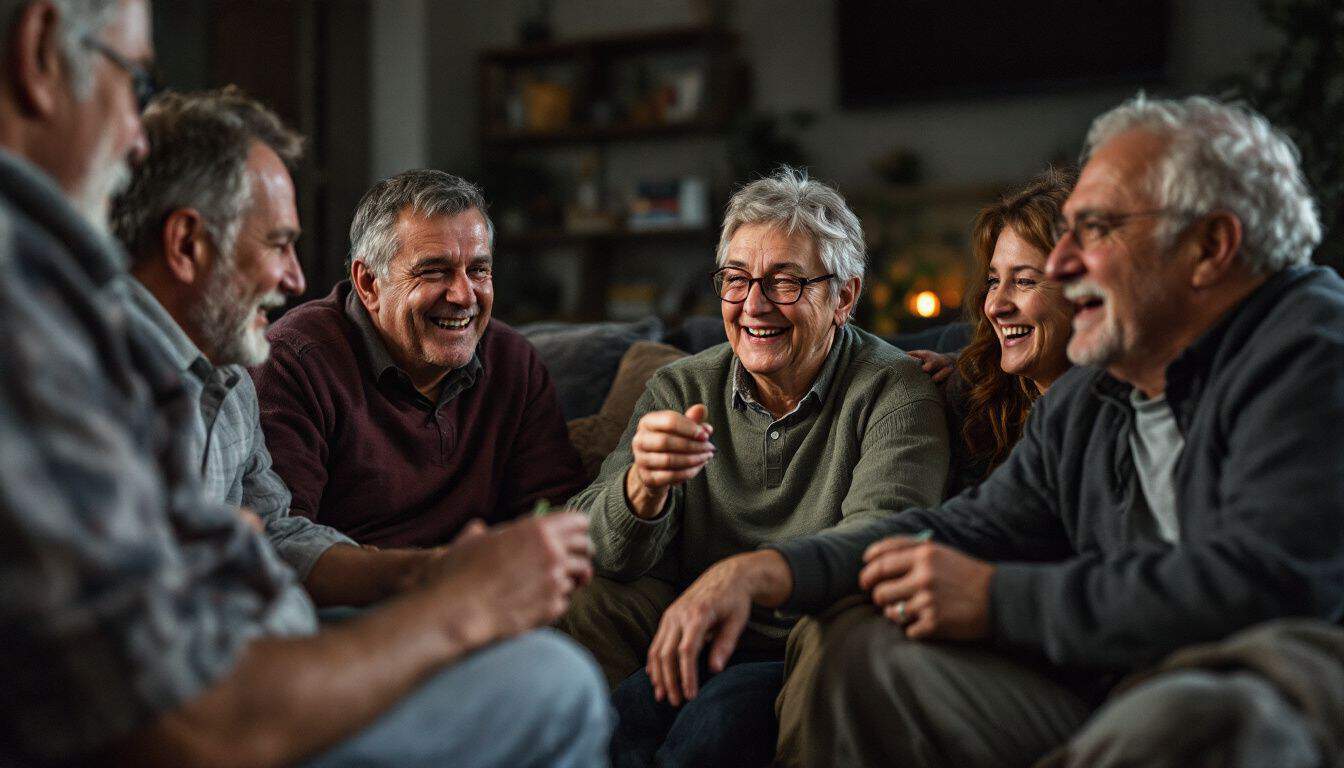 A group of middle-aged adults enjoy casual marijuana use for relaxation.