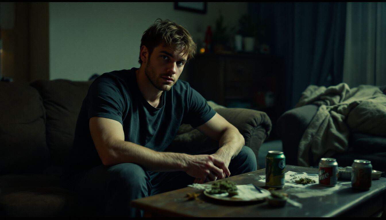 A man sitting in a cluttered, dimly lit living room.