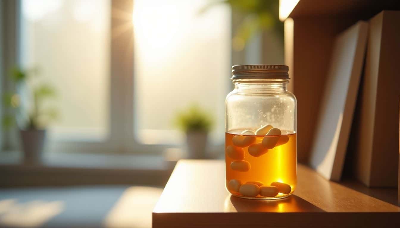 A glass bottle of collagen peptide supplements on a wooden shelf.