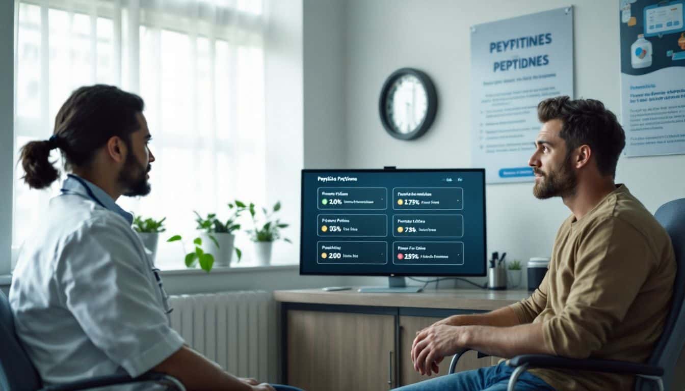 A patient and doctor discuss peptide options in a medical office.