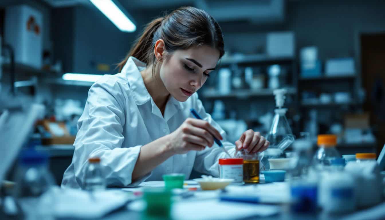 A woman in a modern laboratory working on peptide compounds for cognitive function.