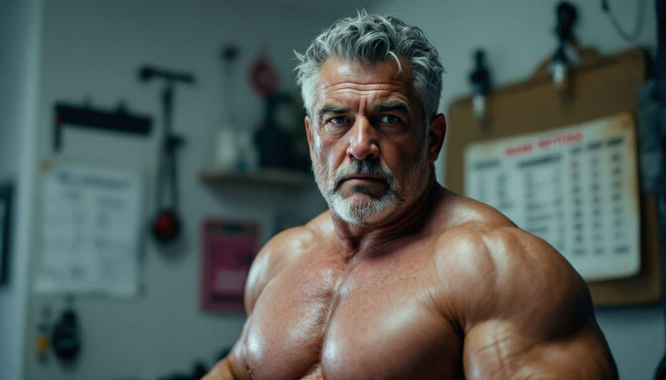 A middle-aged man exercises shirtless in a home gym.