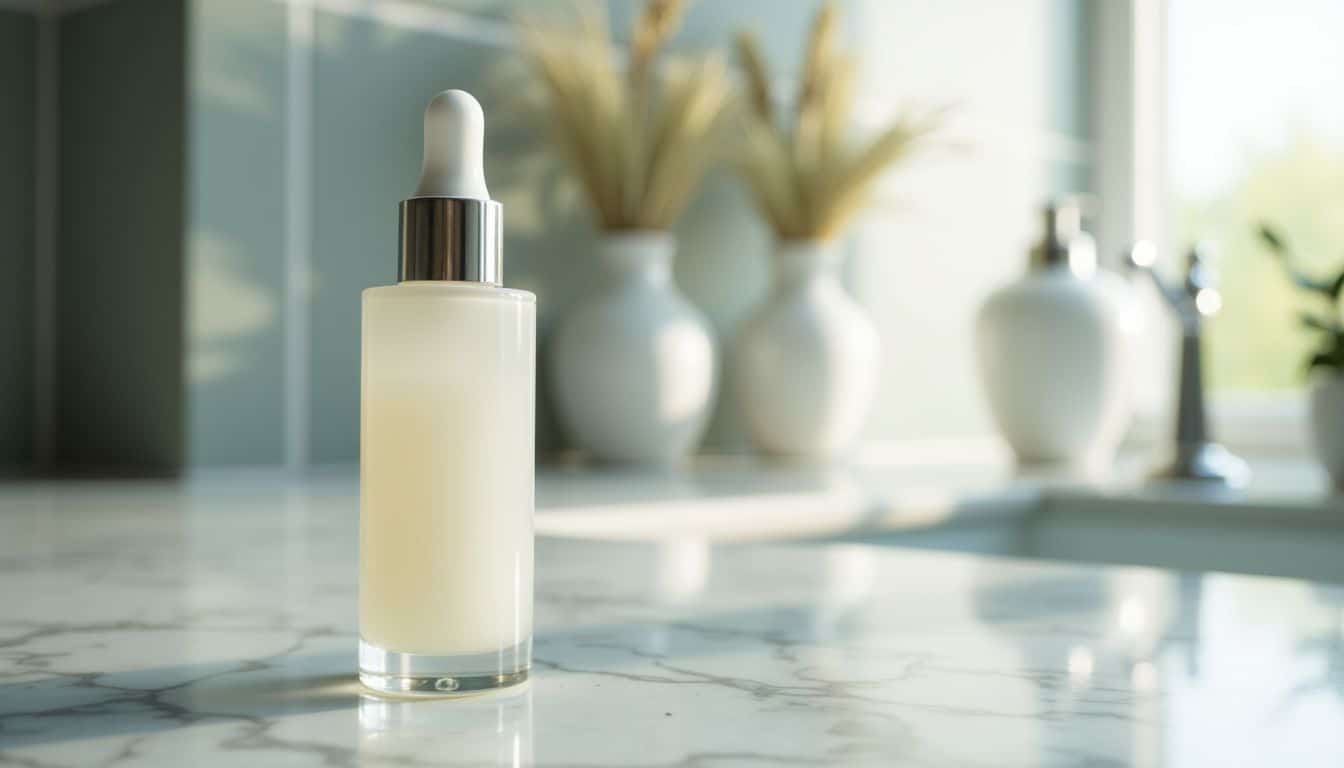 A bottle of peptide serum sits on a marble bathroom countertop.