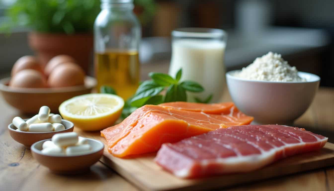 A collection of peptide-rich foods arranged on a cutting board.