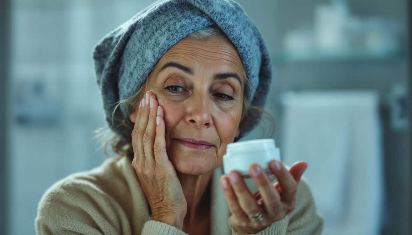 An older woman applies collagen peptide cream for aging skin care.