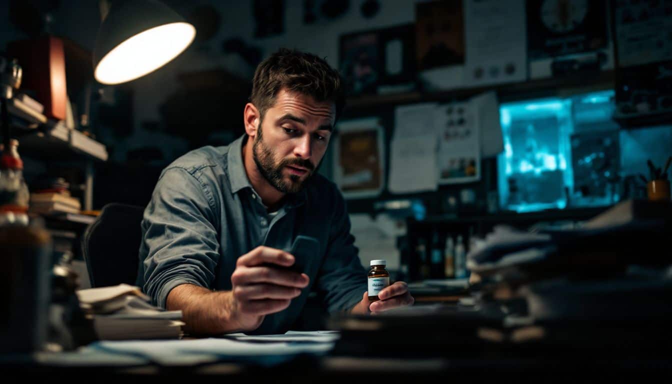 A man in casual clothing reads a bottle of peptides at desk.