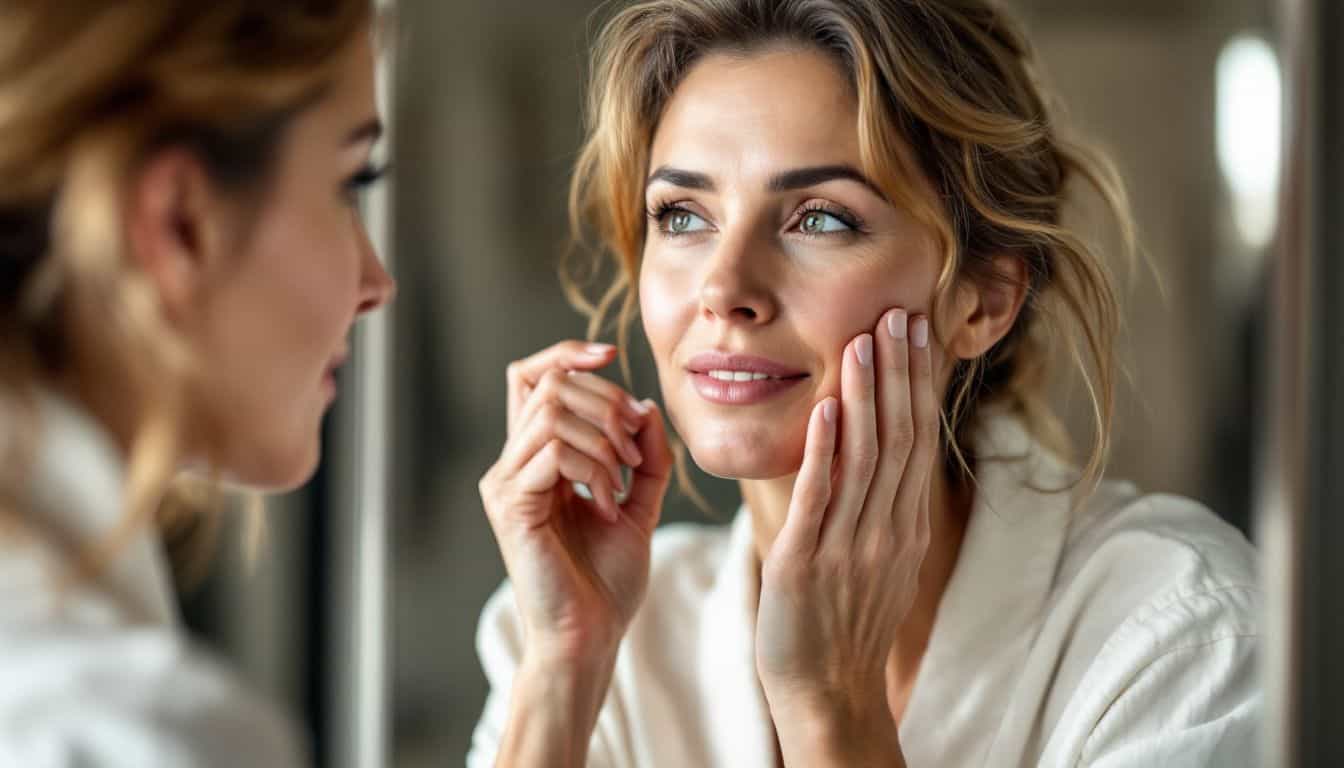 A woman applies skincare serum to her face at a vanity mirror.